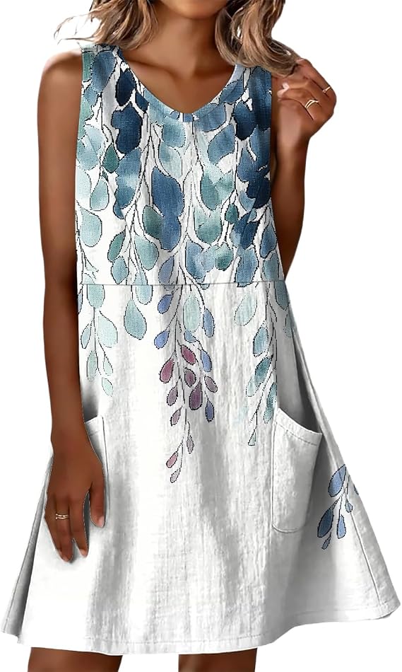 Beach Dresses for Women UK Women's Elegant Print V Neck Sleeveless Beach Dress Summer, A-Line Midi Dress Casual High Waist Vacation Dres Loose Swing Sundress Holidy Dres