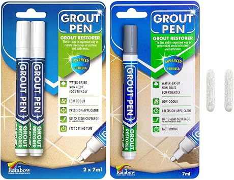 Grout Pen Tile Paint Marker Grey 1 Pack and 2 Pack White with Extra Tips Narrow, 5mm - Waterproof Tile Grout Colorant Marker for Cleaner Looking Floors & Whitener Without Bleach