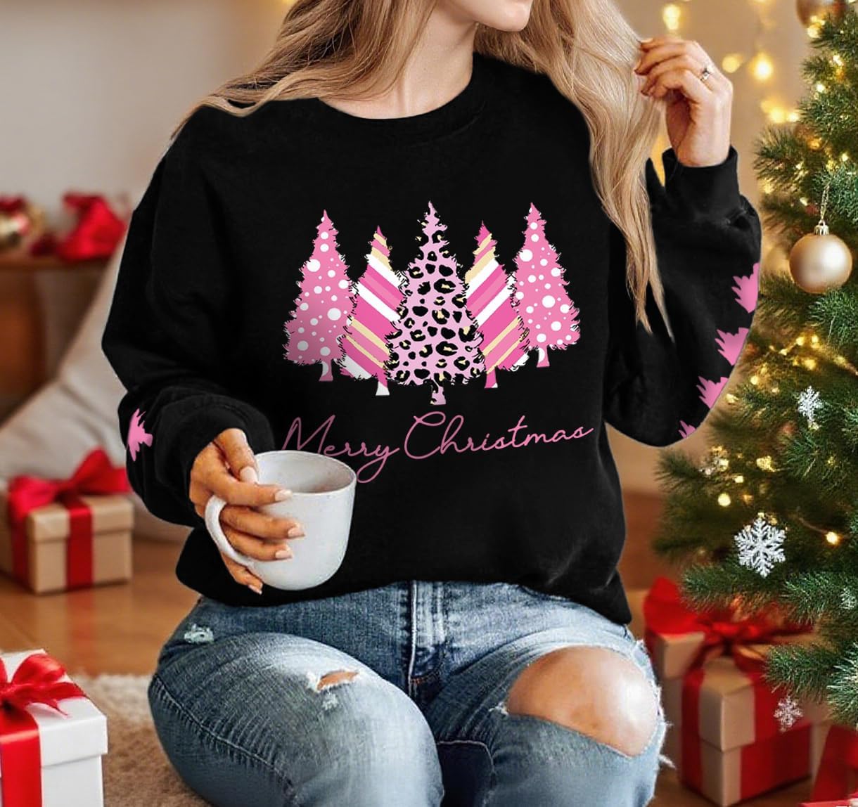 Christmas Sweaters for Women Merry Christmas Sweatshirt Crewneck Long Sleeve Xmas Tree Graphic Pullover Tops - Image 2