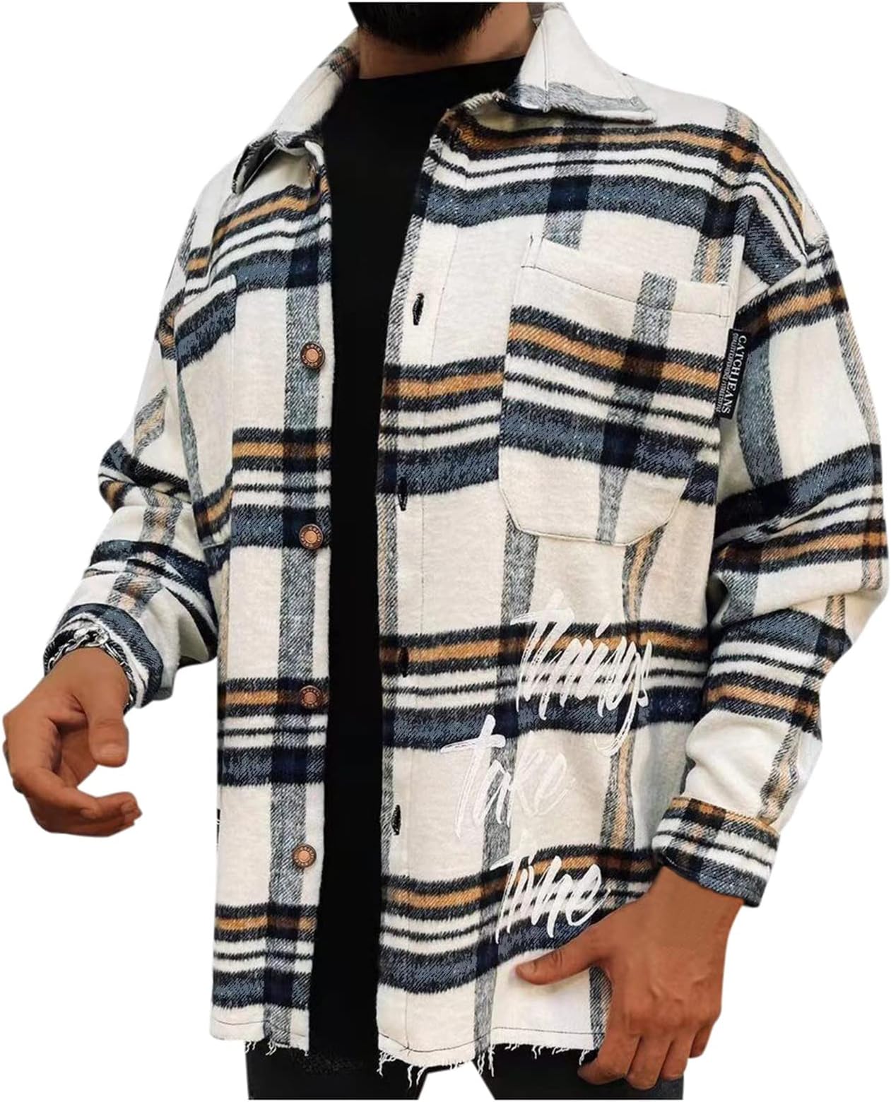 Men's Flannel Plaid Jacket Long Sleeve Button Down Chest Pocketed Shirts Coats Shacket Plaid Shirt Men