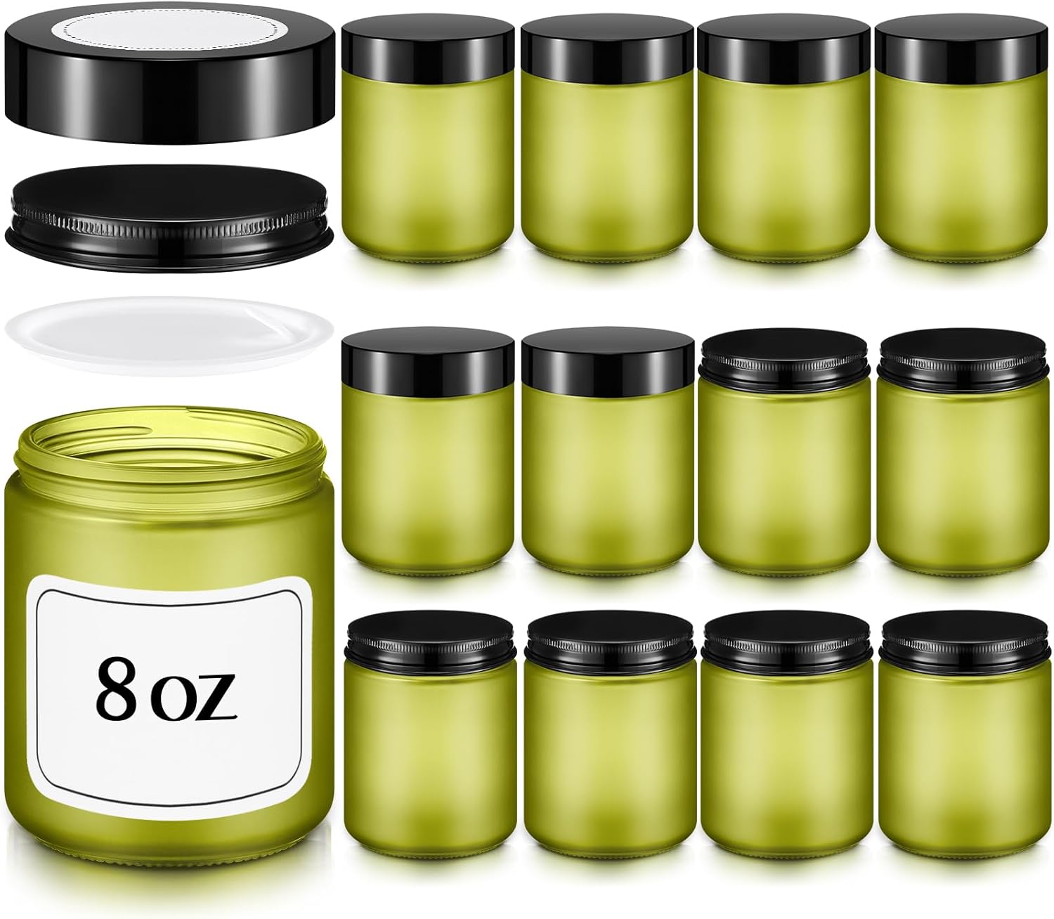 Norme 12 Pcs 8oz Thick Glass Jars with 24 Plastic Metal Inner Liners Lids Empty Glass Jars with 24 Label Airtight Storage Containers Operation Christmas Items for Lotions Creams(Green)