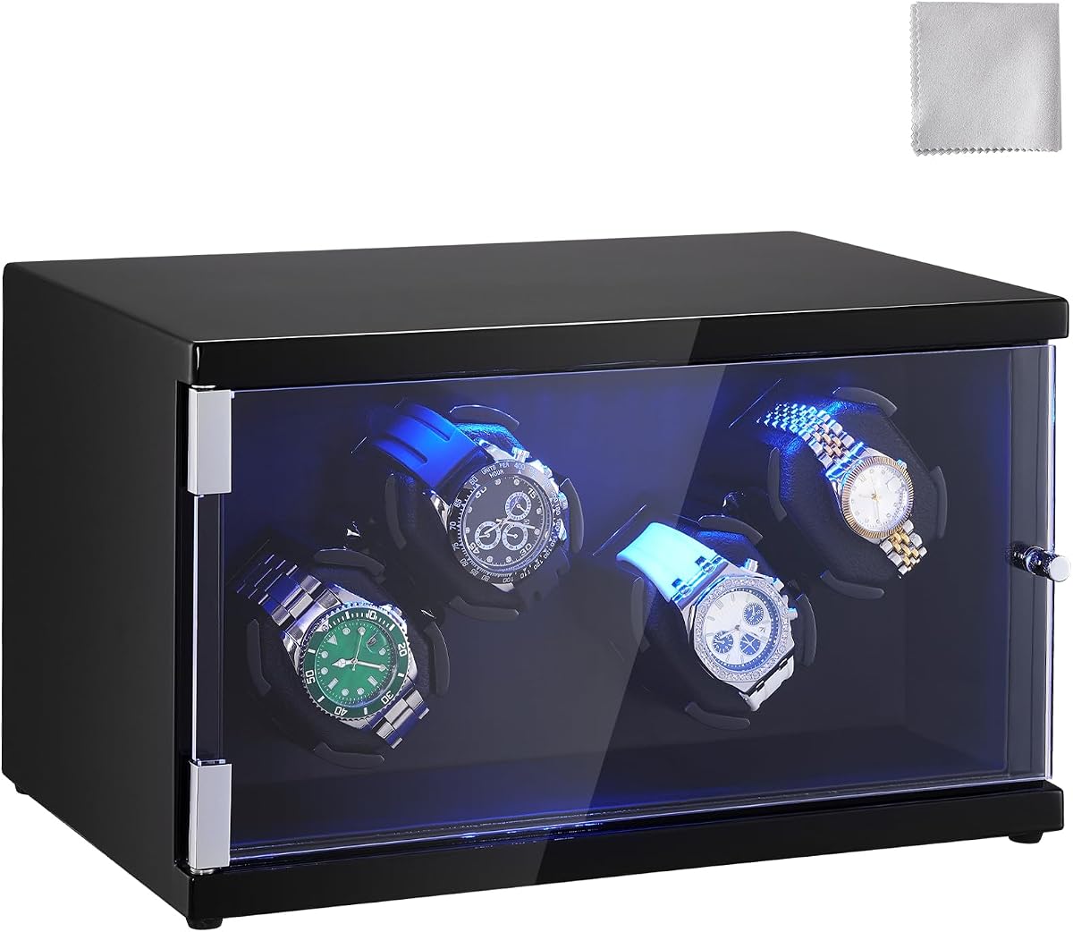 Watch Winder, Rotating Watch Box for High-End Automatic Watches, 4 Watch Winder Case with Quiet Japanese Motors, LED Light, Adjustable Direction and Speed, Multi Modes