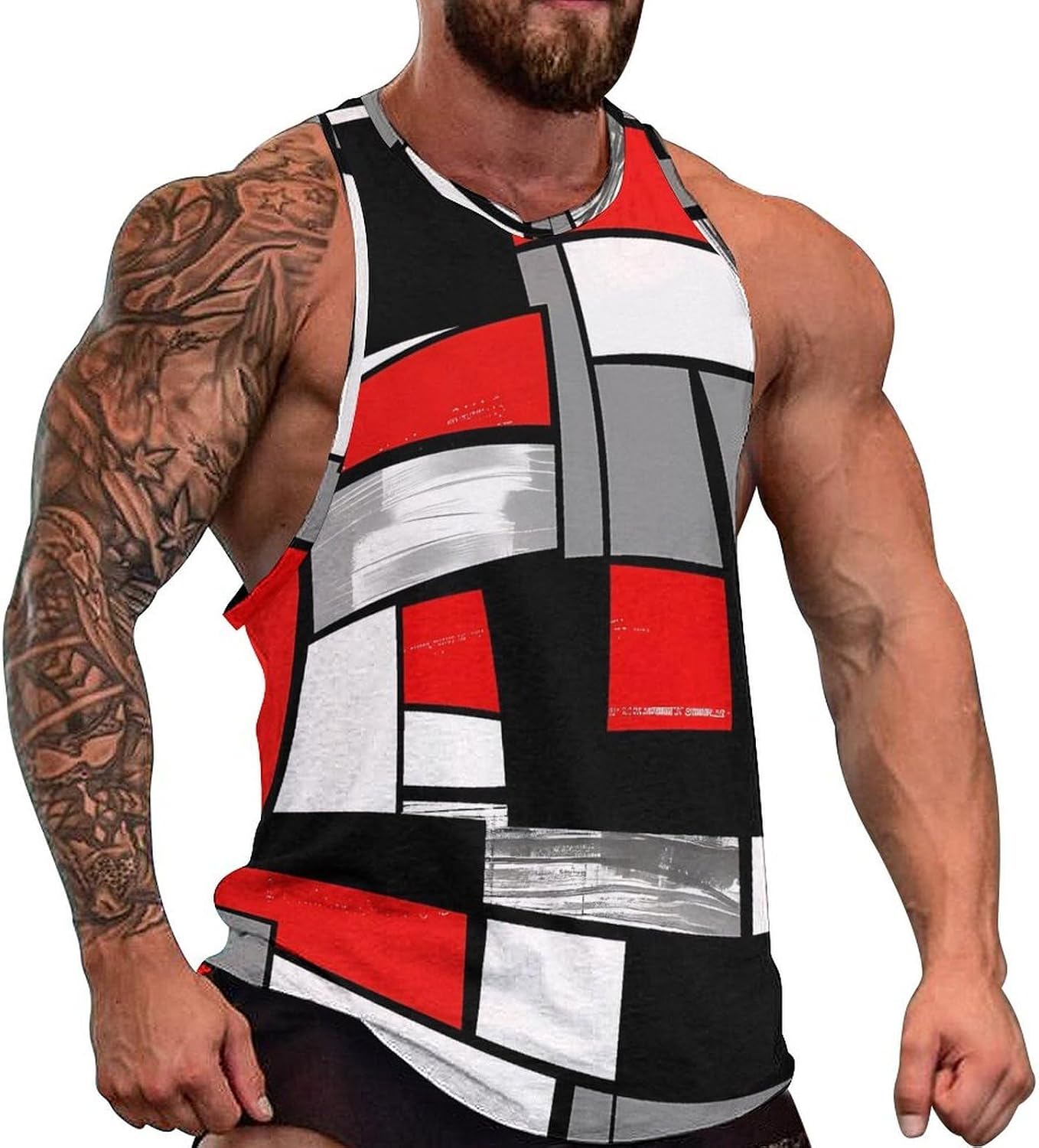 Red, Grey, Black And White Rectangles Modern Style Men's Tank Tops Sleeveless Muscle Shirts for Men Lightweight Vest