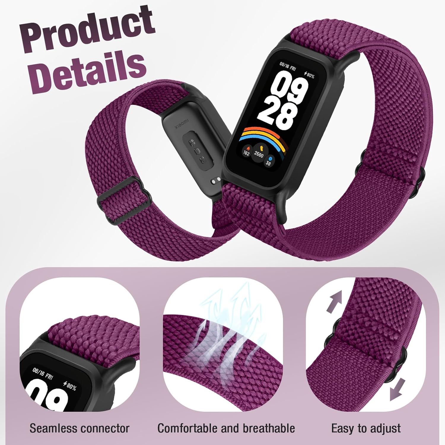 2 Pack Elastic Bands Compatible with Xiaomi Smart Band 9 Active Women Men, Soft Nylon Replacement Sport Wriststrap for Redmi Band 3 Black+Purple image 2 of 7 B0FCSCMP6C