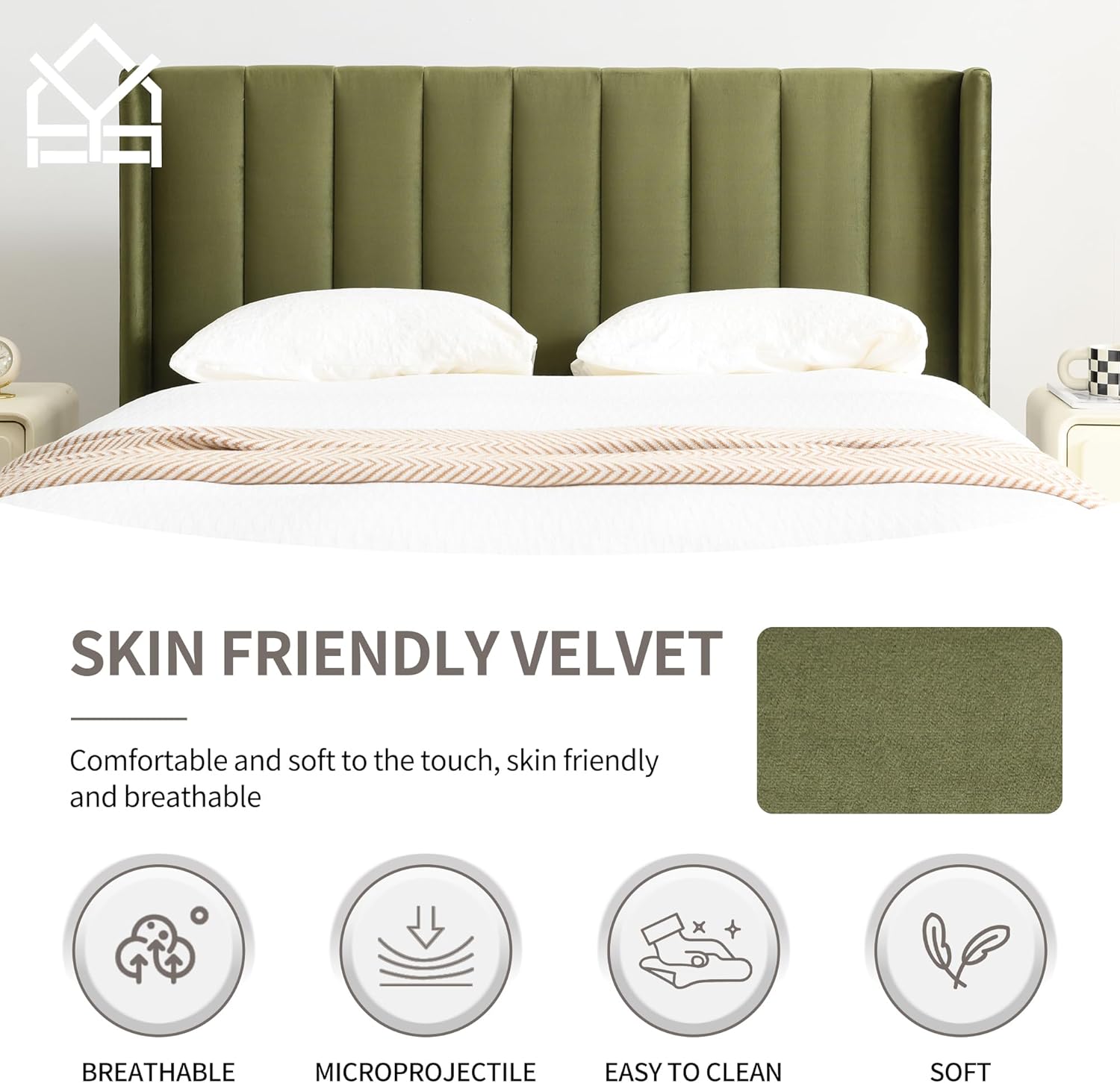 YUHUASHI upholstered Platform Bed Frame/King Bed Frame/Modern Geometric Double-Wing Design headboard/Velvet Fabric/Easy to Assemble no Noise (Grass Green, King (U.S. Standard))