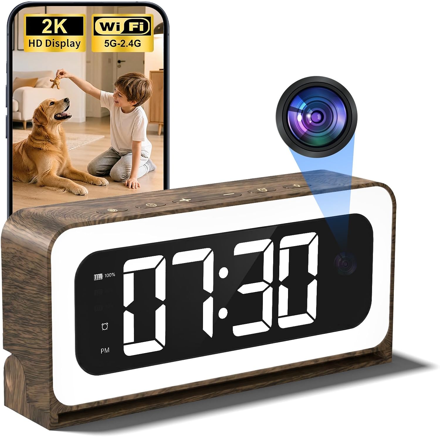 Clock Camera 2K Wood Grain,5G&2.4G WiFi Indoor Security Camera,Cameras for Home Security,3 in 1 Indoor Camera with Alarm,Full Color Night Vision Human Motion Detection Local Storage