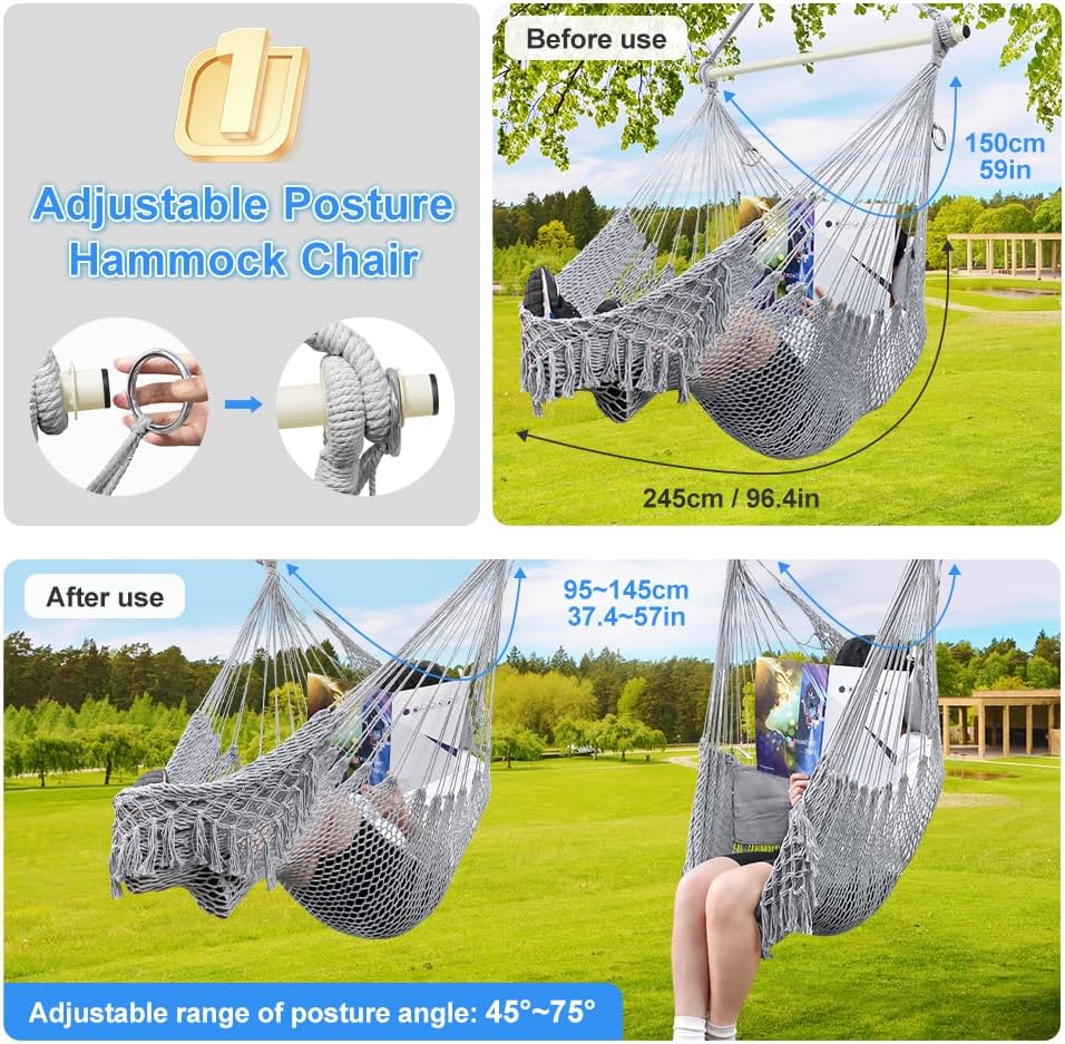 Hammock Chair, Cotton Rope Handwoven Chair with Collapsible Metal Spreader Bar Max 330 LBS for Indoor&Outdoor, Patio, Garden, Yard (Gray)