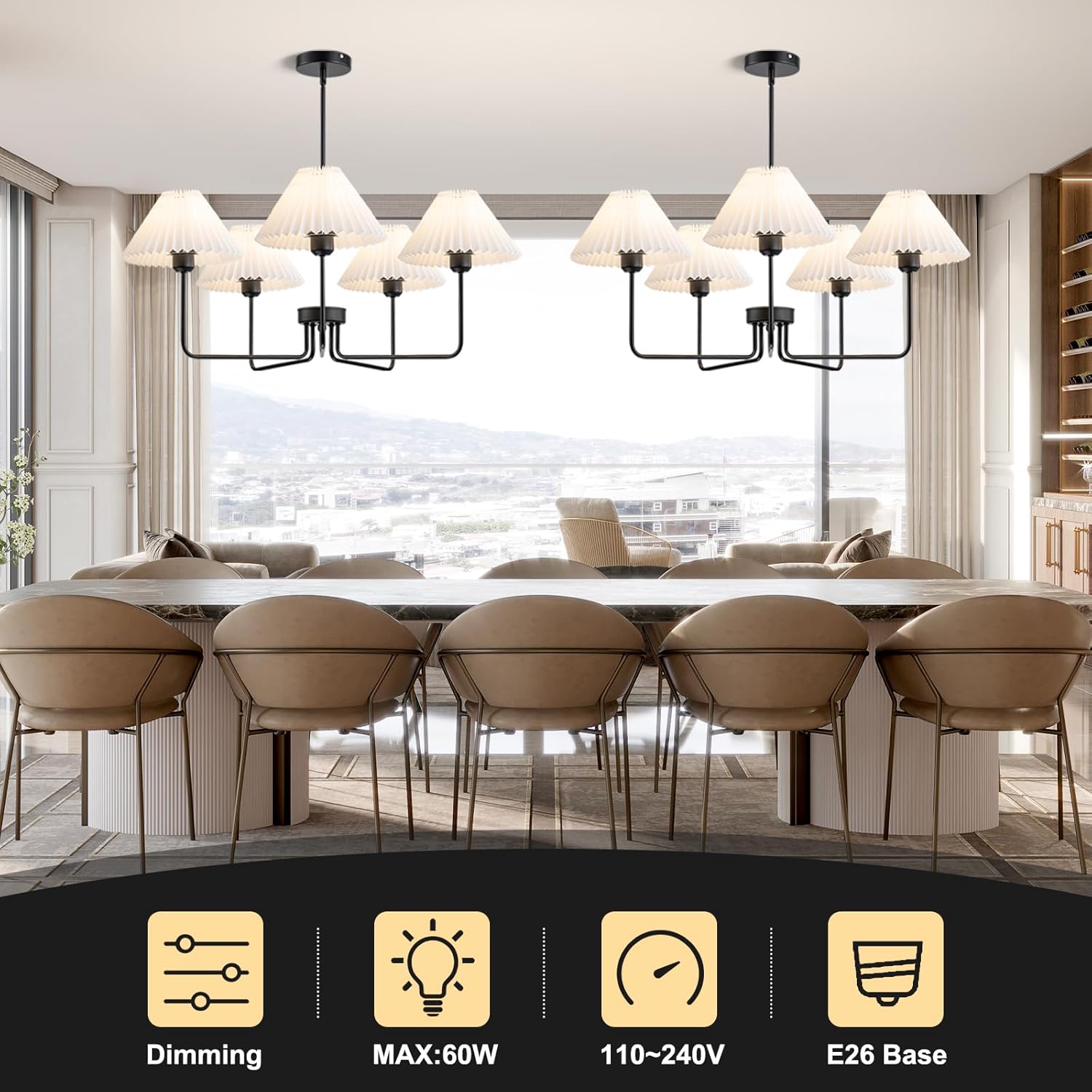 Farmhouse Chandelier, 5-Light Modern Chandelier with White Pleated Fabric Shades, Black Dining Room Light Fixture Chandelier for Dining Room Bedroom Hallway Kitchen Island, Height Adjustable