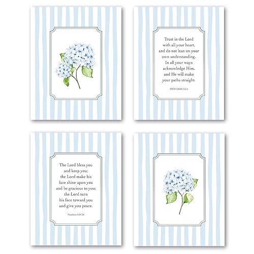 Blue Hydrangea Floral Christian Bible Verses Wall Art Decor, Religious