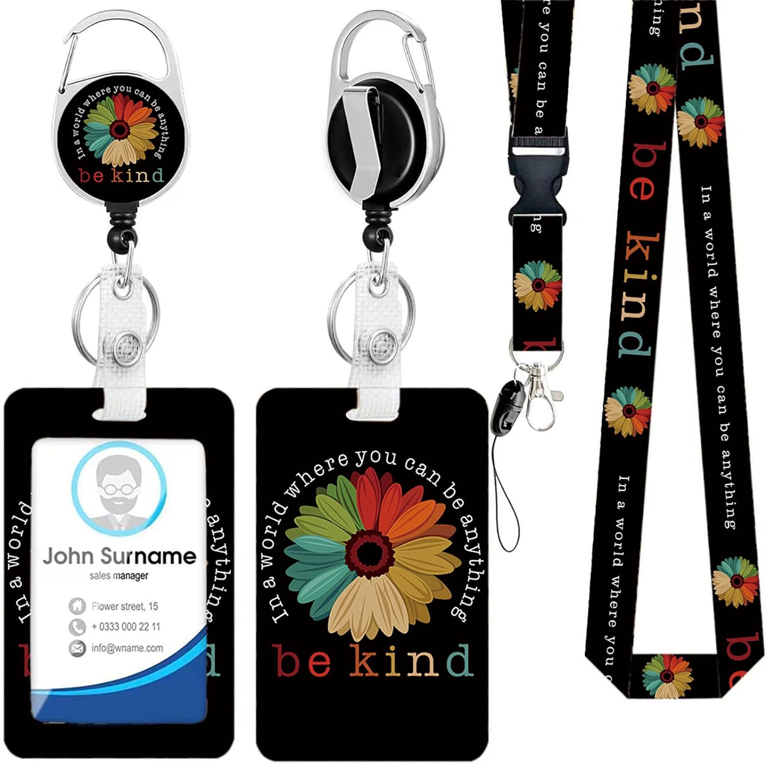 Id Badge Holder with Lanyard, Be Kind Badge Holder Retractable Reel Clip