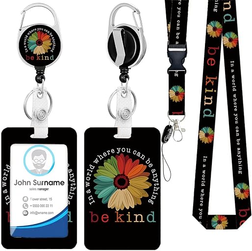 Id Badge Holder with Lanyard, Be Kind Badge Holder Retractable Reel Clip | Lanyards for ID Retractable, Badge Reel Detachable Name Card Tag, ID Protector for Nurse Doctor Office Employees women