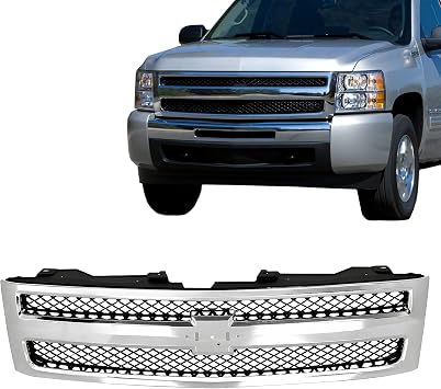 Replacement Parts Front Grille Grill Assembly With Chrome Frame Shell With Black Mesh Insert Compatible With Chevrolet 1500 Pickup Truck 2007 2008 2009 2010 2011 2012 2013