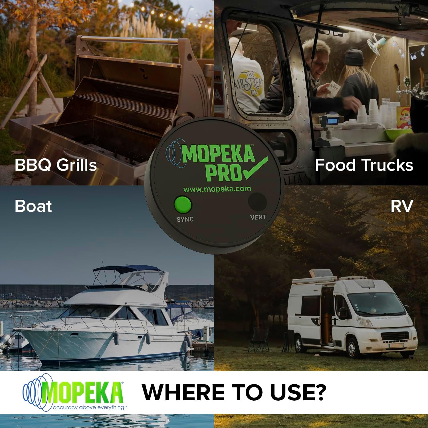 Collage of images showing various applications: BBQ Grills, Food Trucks, Boat, RV, with the Mopeka sensor in the center.