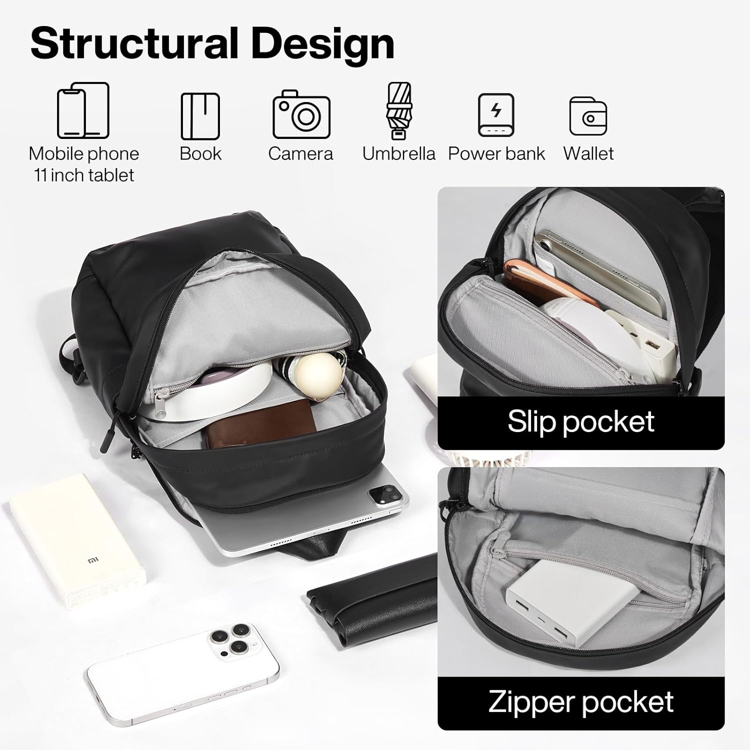 mixi EliteSeries Sling Bag Small Casual Daypack Crossbody Chest Bag One Shoulder Travel Backpack Waterproof Lightweight Versatile-13 Inch, Black - Image 3