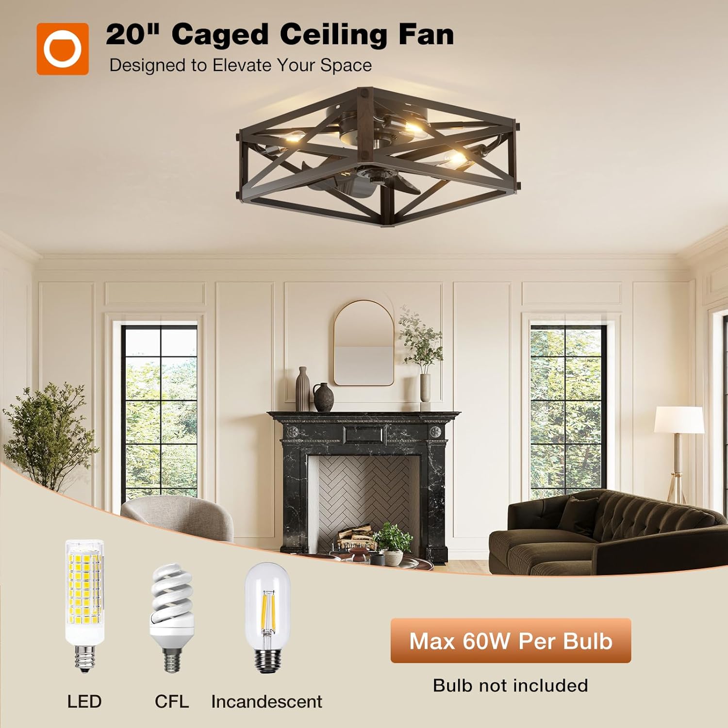 addlon Caged Low Profile Ceiling Fans with Lights and Remote, Small Farmhouse Flush Mount Fandelier, 6 Speeds Reversible Ceiling Fan with Rustic Square Design for Bedroom, Kitchen, Dining Room
