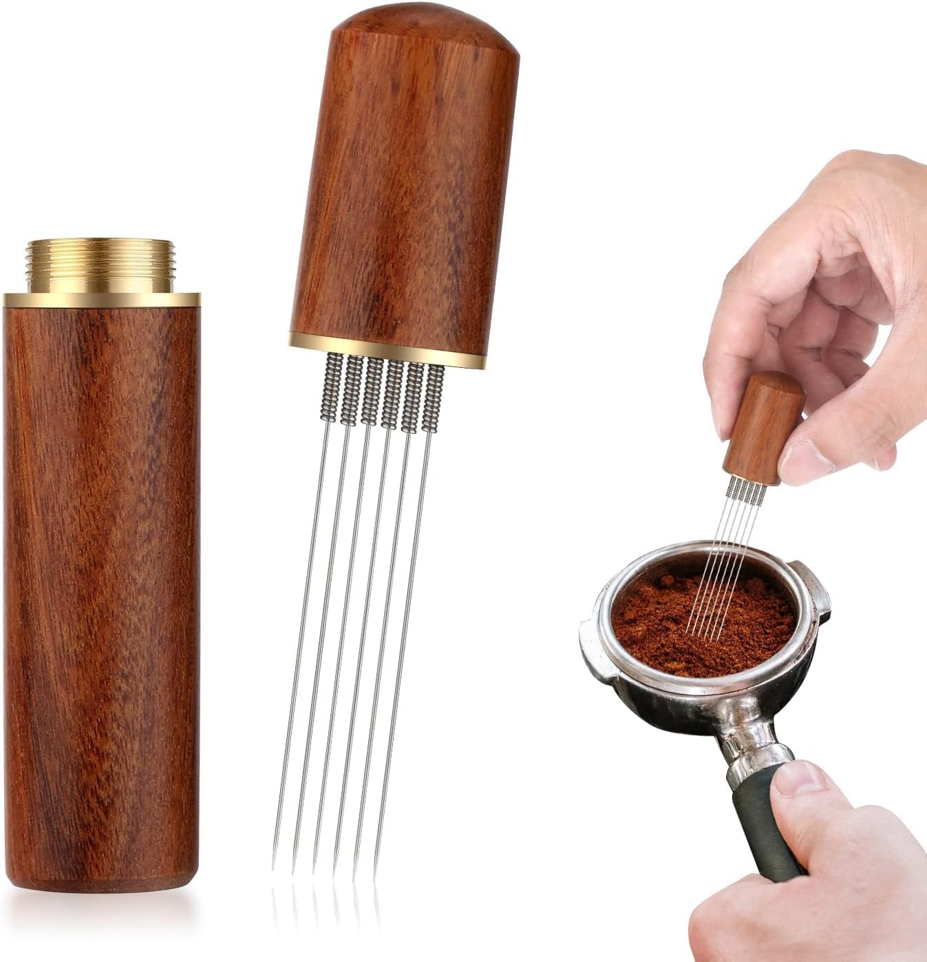 ArshanyEspresso Coffee Stirrer, 6 Needles Espresso Distribution Tool Coffee Stirring Tool with Natural Wood Handle, 0.4mm Professional Barista Hand Needle Type Distribution Tool (Walnut)