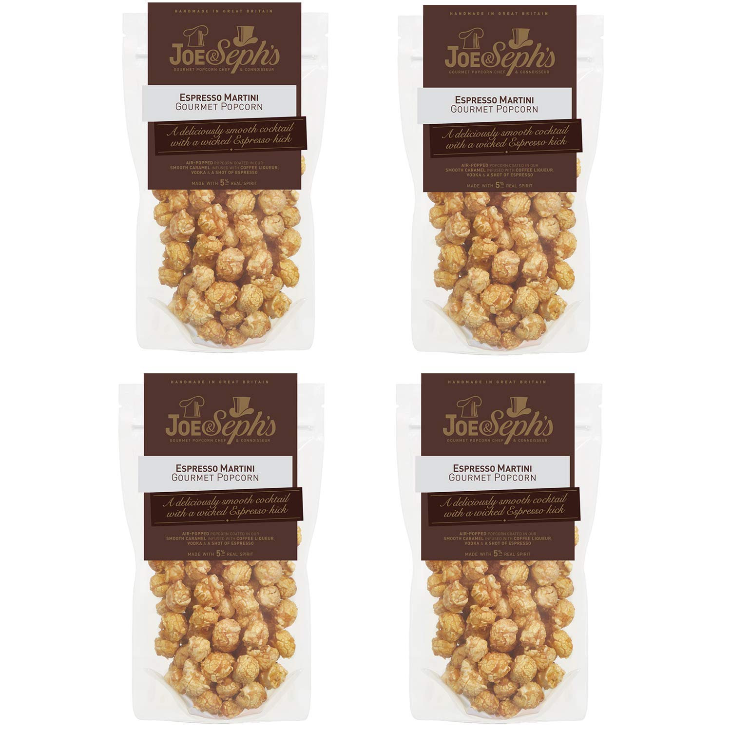 Joe & Seph's Espresso Martini Popcorn (4x70g ) gourmet popcorn, air-popped popcorn, gifts for men and women, infused with alcohol