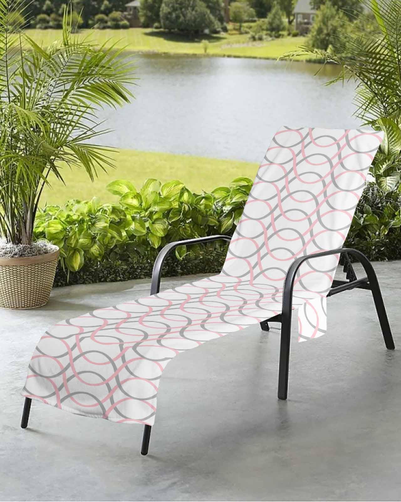 Pink Grey Beach Chair Towel Covers for Chaise Lounge with Side Pocket, Soft Plush Pool Towels Cover for Patio Sunbathing Outdoor 29''x85'' Geometric Abstract Stripes Line Art Modern White