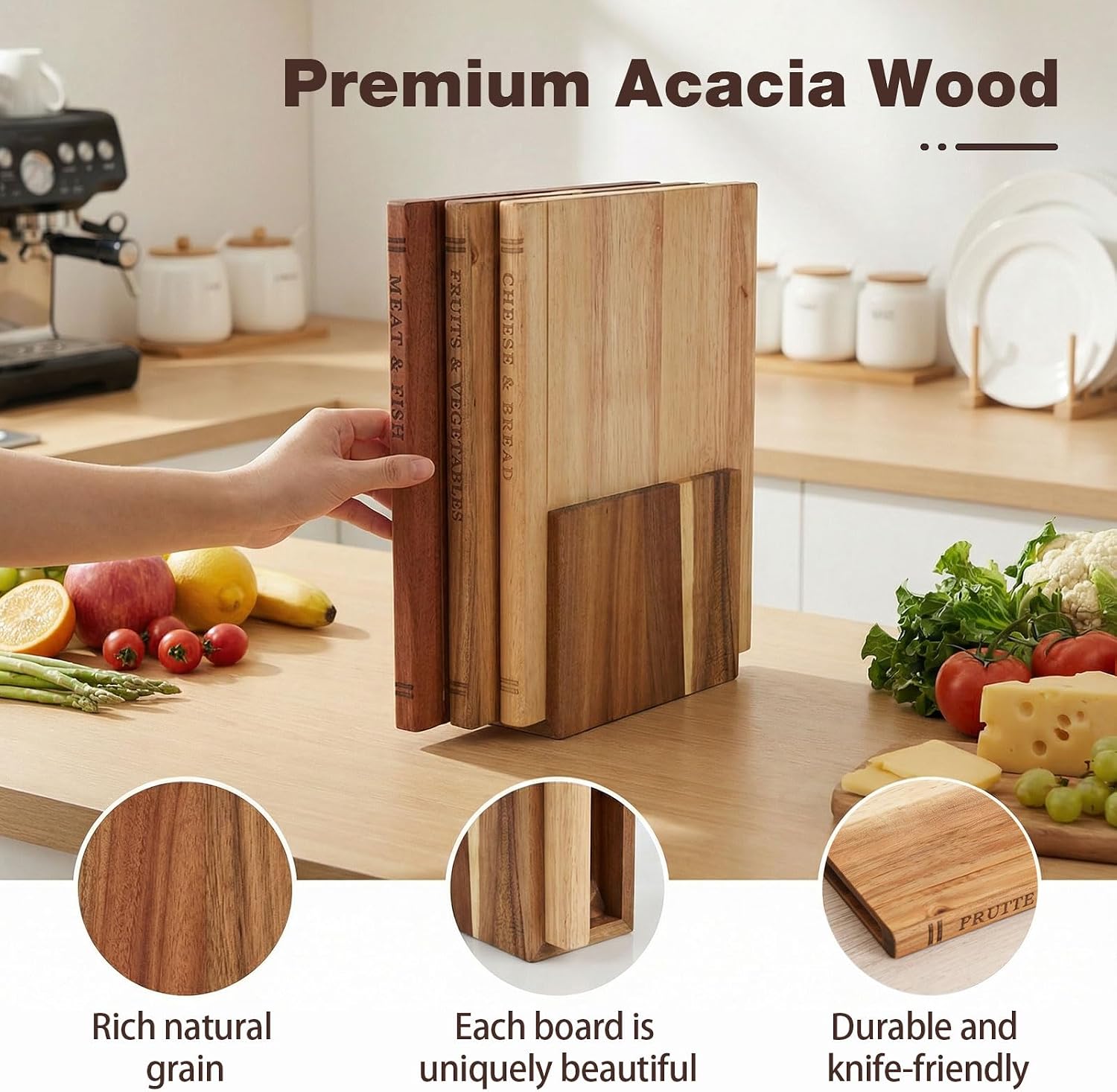 Book Cutting Board Set of 3 with Stand, Acacia Wood Cutting Boards That Look Like Books, Labeled for Meat & Fish, Cheese & Bread, Fruits & Vegetables, Decorative Kitchen Gift for Book Lovers