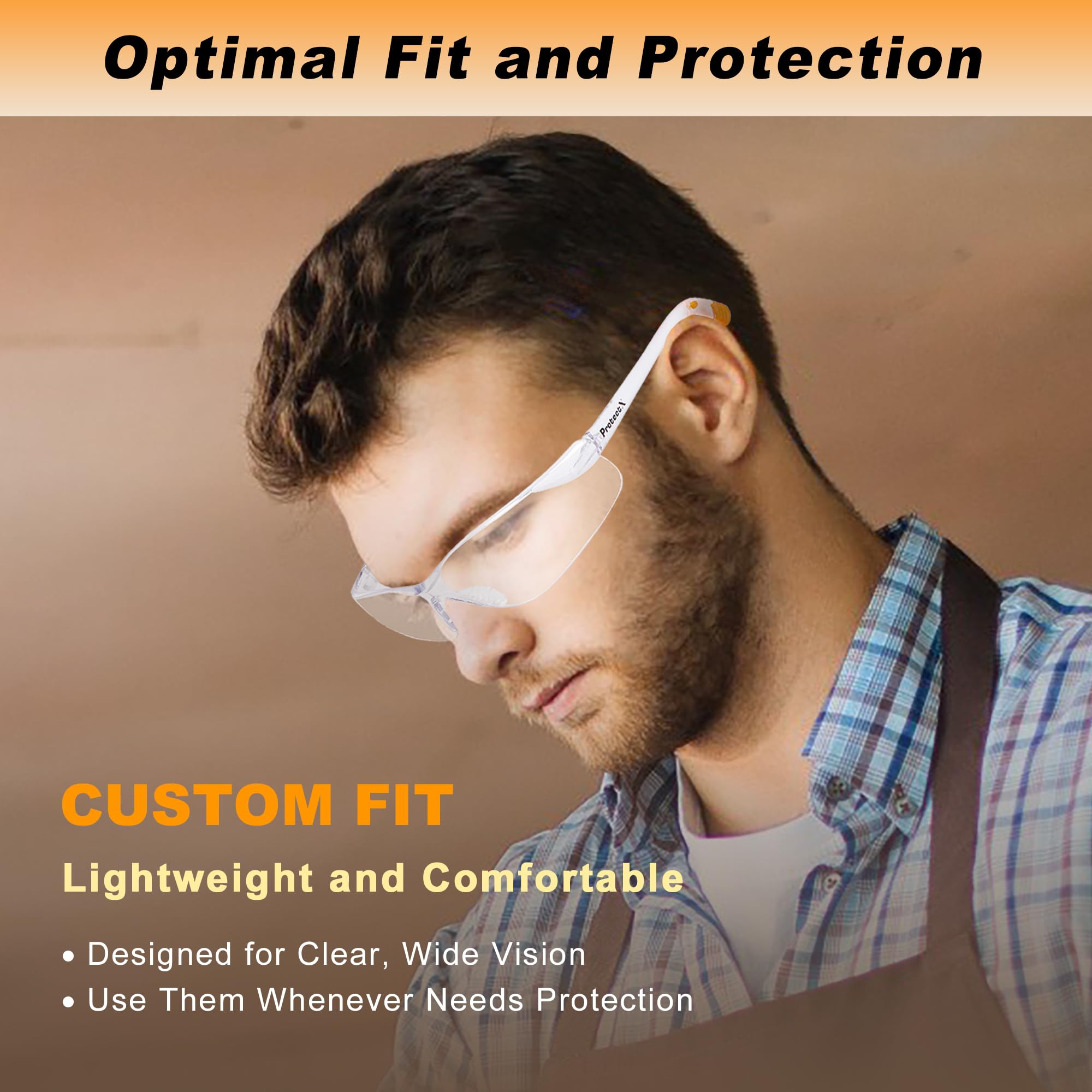 ProtectX Schutzbrille ANSI Z87.1 mit klarem, kratzfestem, beschlagfreiem Glas, rutschfeste Griffe, UV-Schutz, transparenter und orangefarbener Rahmen, 12 Stück (transparent)