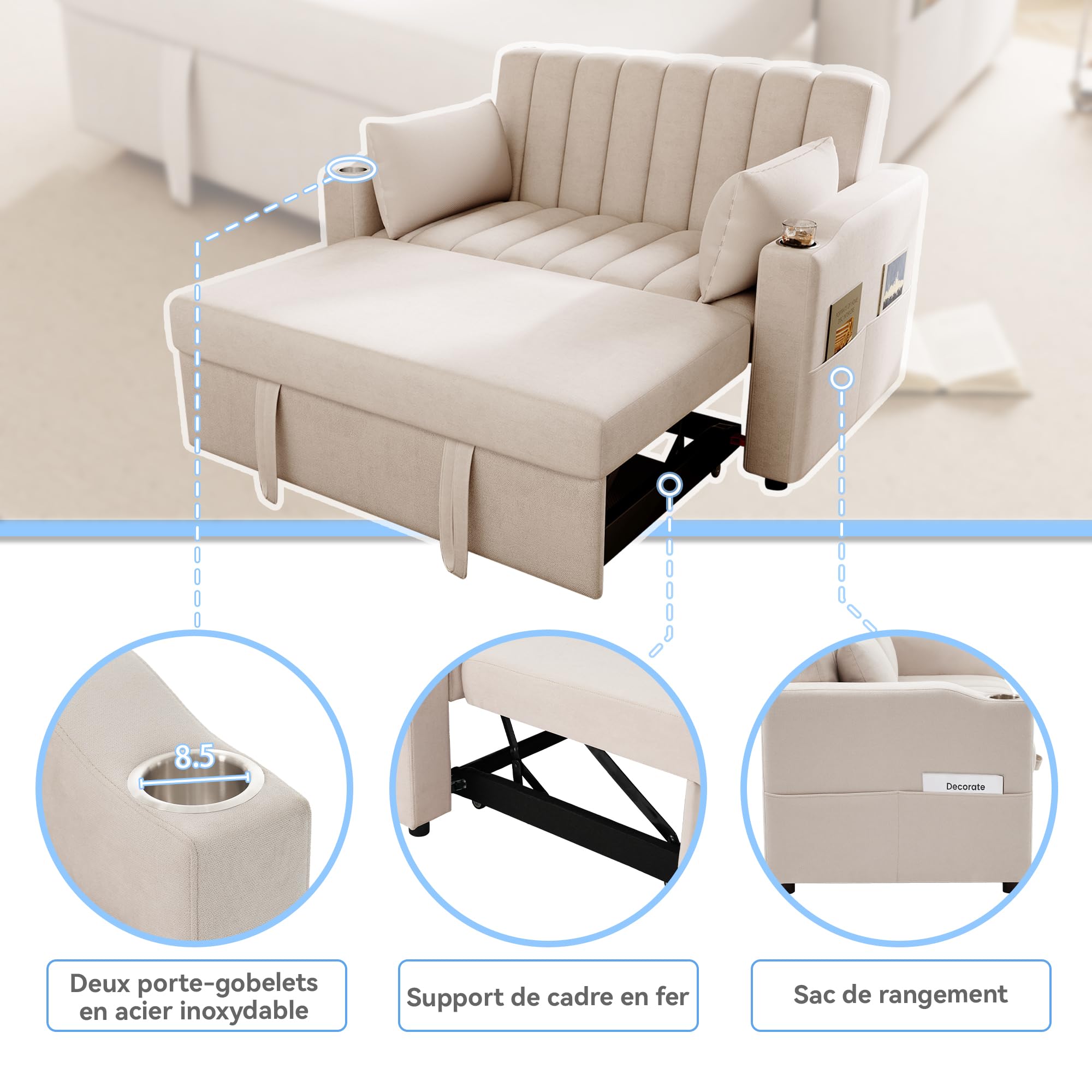 Generisch Modułowa sofa z funkcją spania z 3-stopniową regulacją, podwójne siedzisko z przyjaznej dla skóry tkaniny bawełnianej, regulowane oparcie do 180°, nośność 150 kg, 136 x 162 x 84 cm, do
