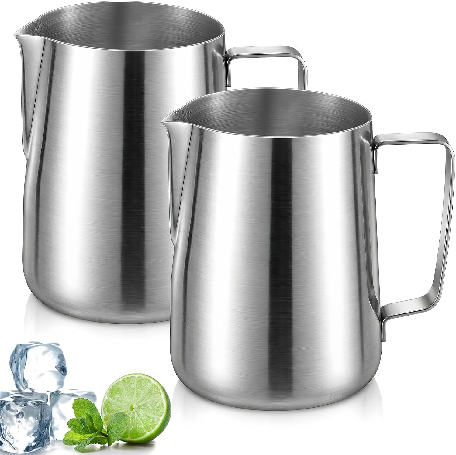 2 Pack Stainless Steel Pitcher 34 oz / 1 L Beverage & Water Pitcher with Handle and Pour Spout Heavy Duty Metal 4 Cup Milk Frothing Jug for Iced Tea Coffee Milk Juice Restaurant and Home Use