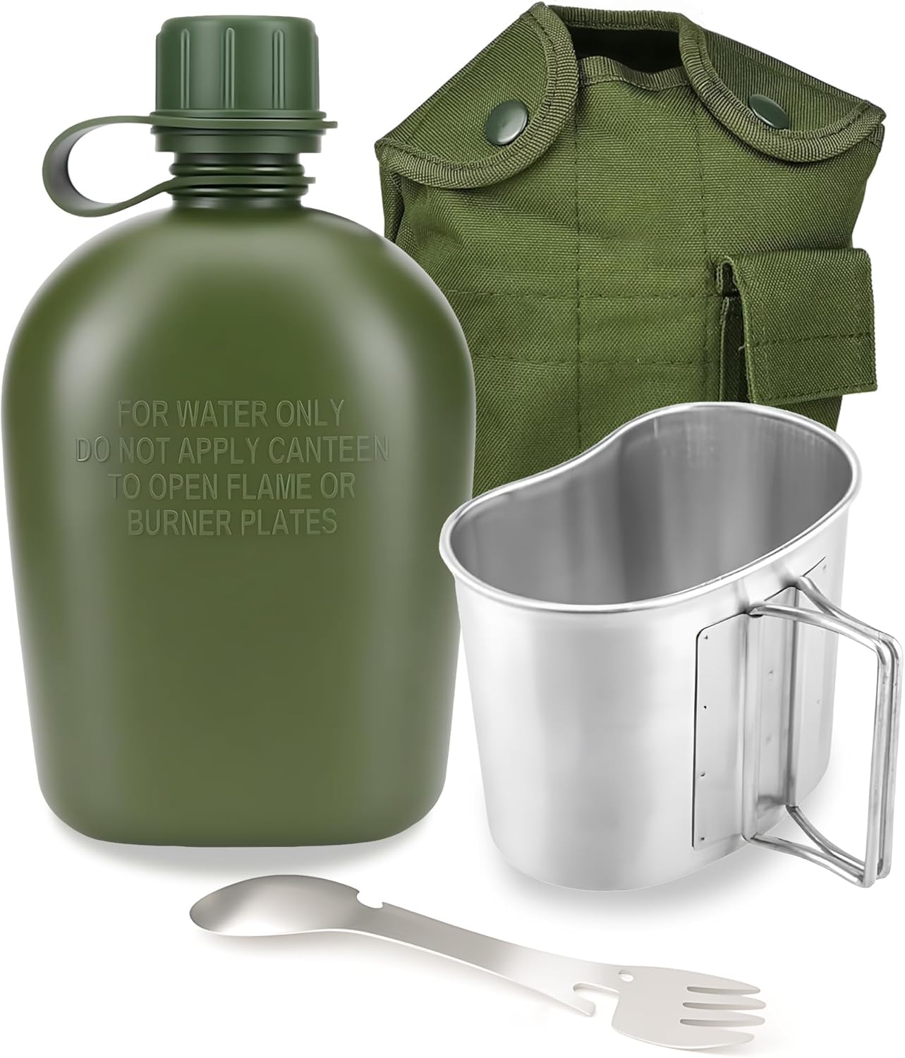 ShenDu Military Canteen, WWII US GI Style 1 Quart Water Canteen Kit with Aluminum Canteen Cup, Stainless Steel Spork & Cover for Camping, Hiking, Backpacking