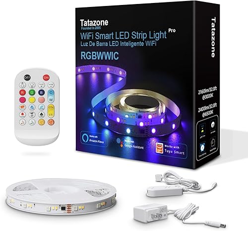 Tira de luz LED RGBWW+IC WiFi de 32.8 pies, efecto de persecución RGB + luces LED blancas sintonizables 3000K-6500K compatibles con Alexa y Google,