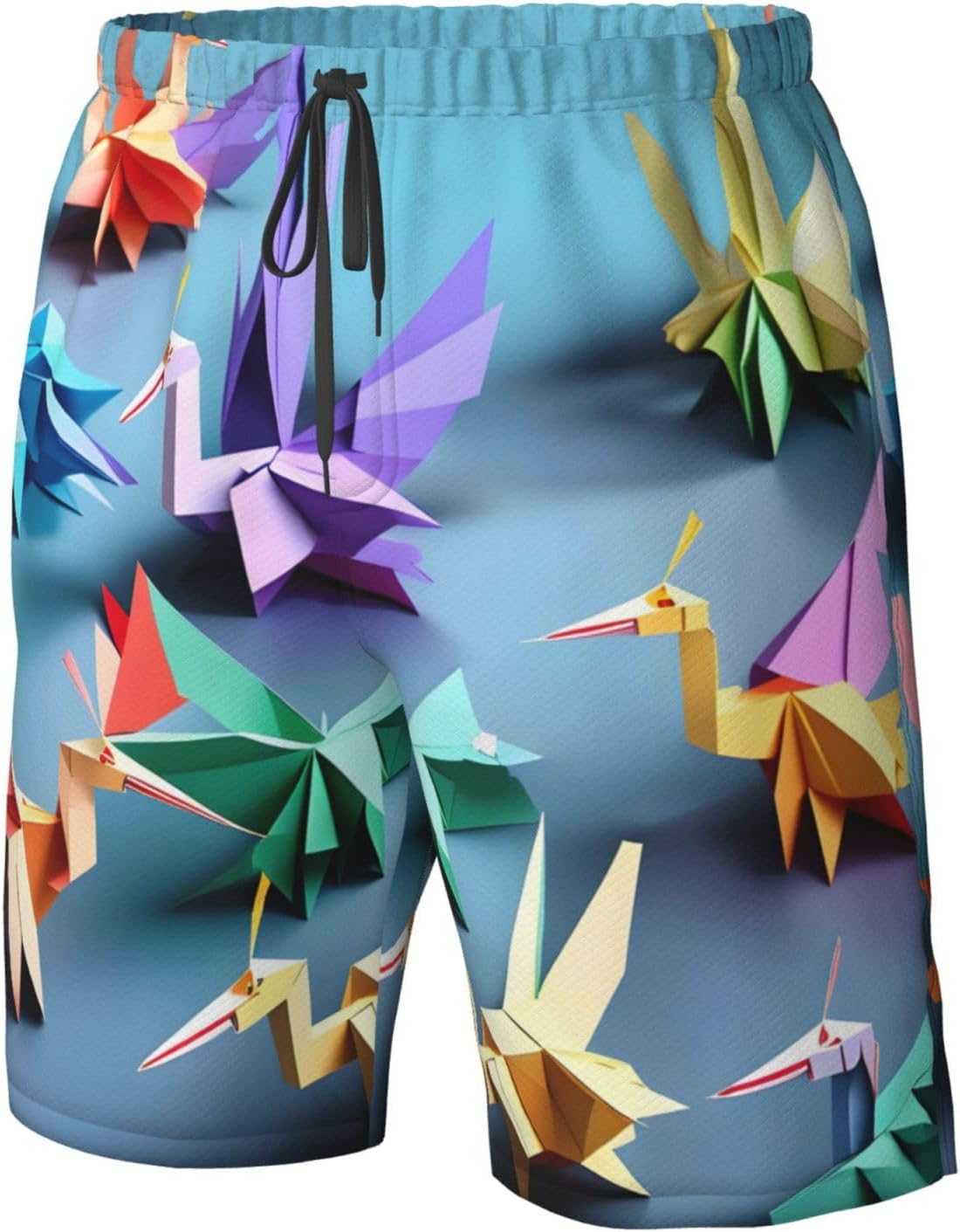 Mens Origami Multicolor Papercraft Cranes Print Beach Shorts,Casual Summer Shorts for Men,Quick Dry Polyester