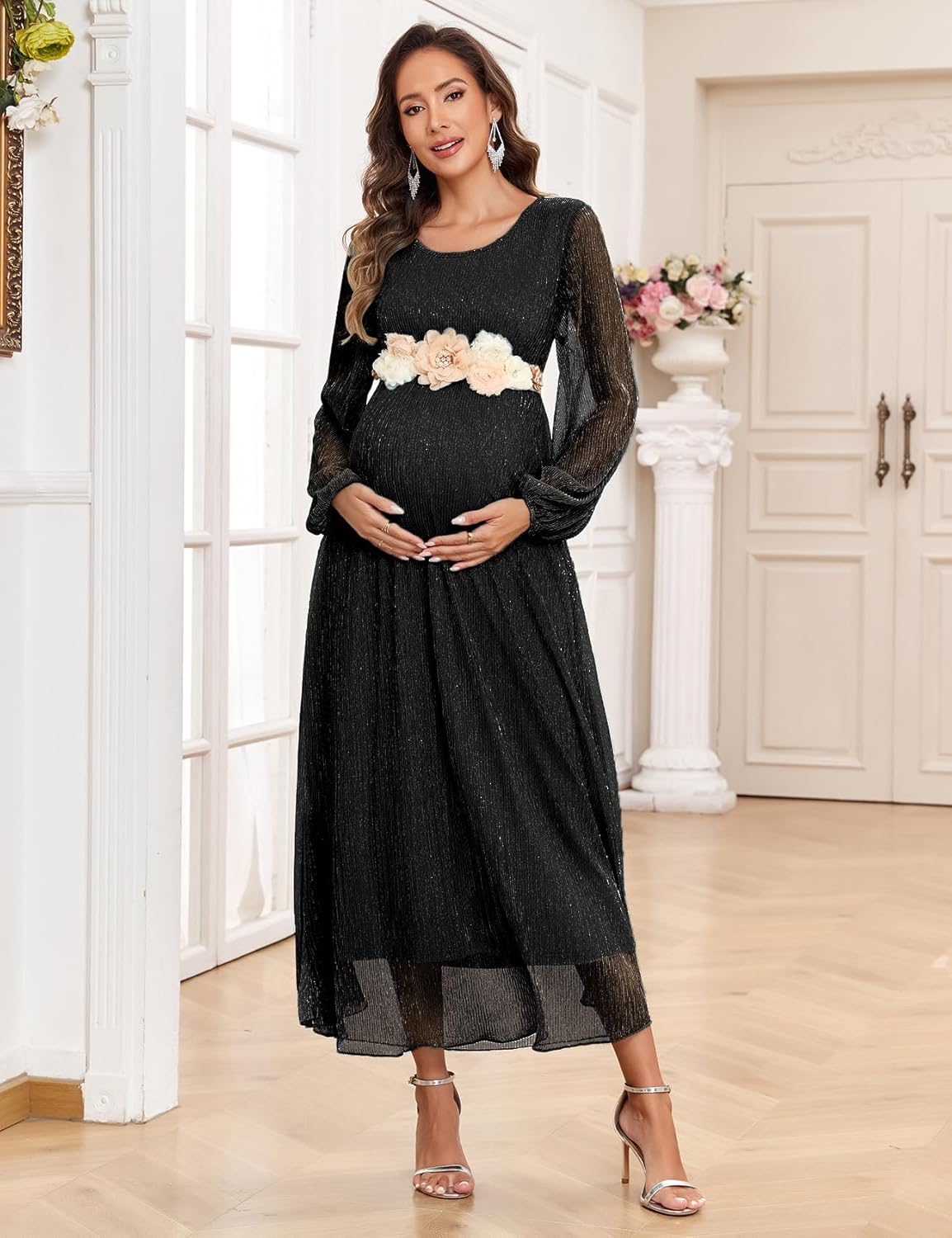 2025 Maternity Sparkly Mesh Maxi Flowy Dress with Belt Long Sleeves Pregnant Long Dress Baby Shower Photoshoot Formal - Image 6