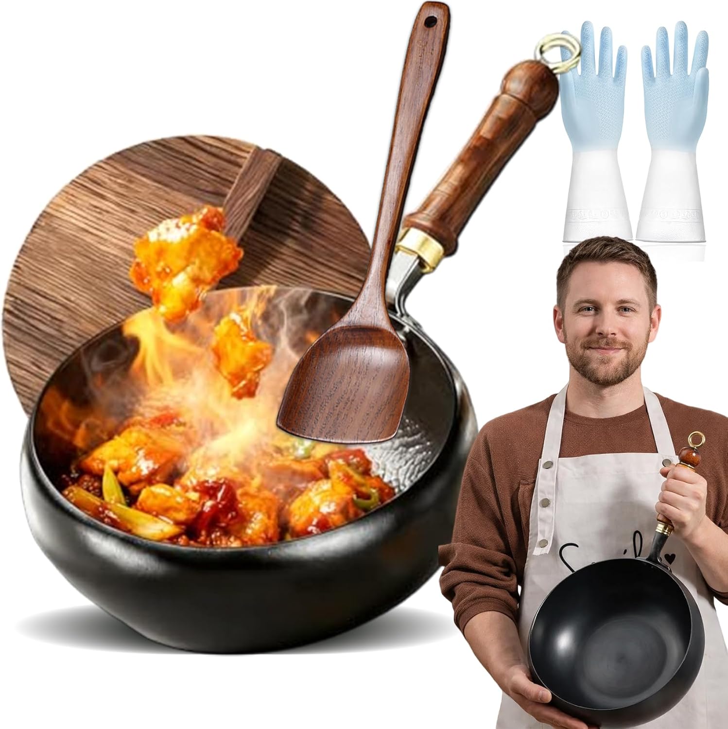 Japanese Wok, 9.5/10.3/11" Japanese Cast Iron Cookware, Uncoated Healthy Pot with Lid, Hand-Forged Non-Stick Cast Iron Pot, High Purity Carbon Steel Wok for All Stoves (Wood Lid,10.3 IN)