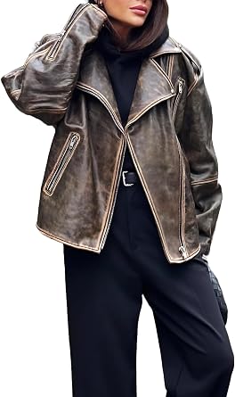 JJackin Womens Baggy Oversized Leather Jacket - Plus Size Distressed Brown Loose Fitting Leather Jacket Women