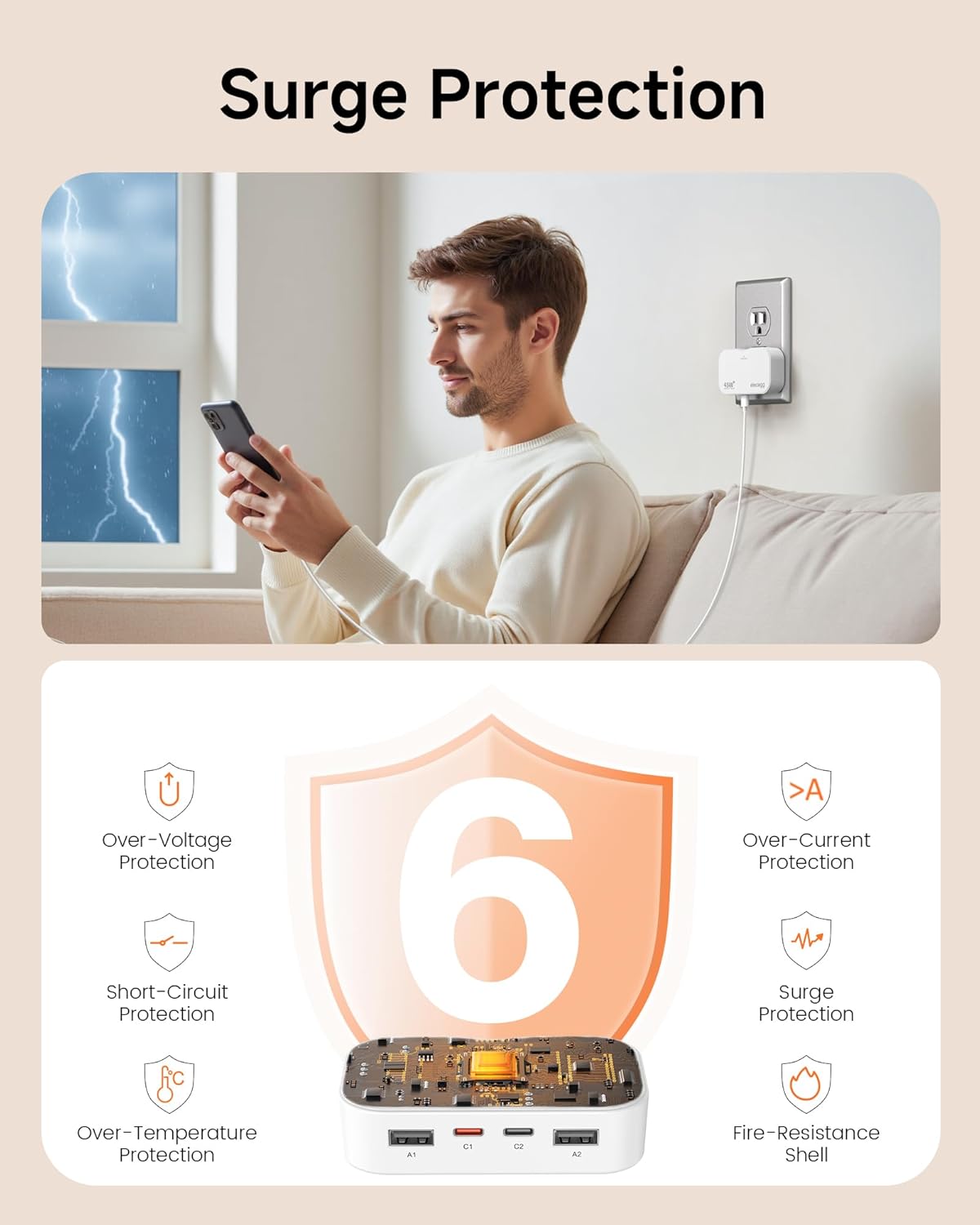 Slim Flat USB C Wall Charger, PD 45W Ultra Thin Foldable GaN Fast Charger with 4 Ports, Dual USB and Dual USB C Charger Block for iPhone, iPad, iPod, Samsung Galaxy, Tablet, AirPods and More