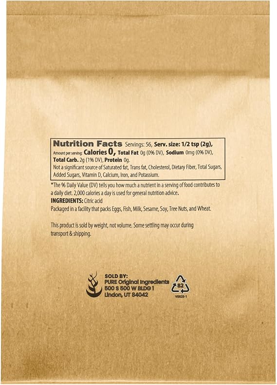 PURE ORIGINAL INGREDIENTS Citric Acid Eco-Friendly Packaging, All-Natural, Acidity Regulator (4 Ounce)