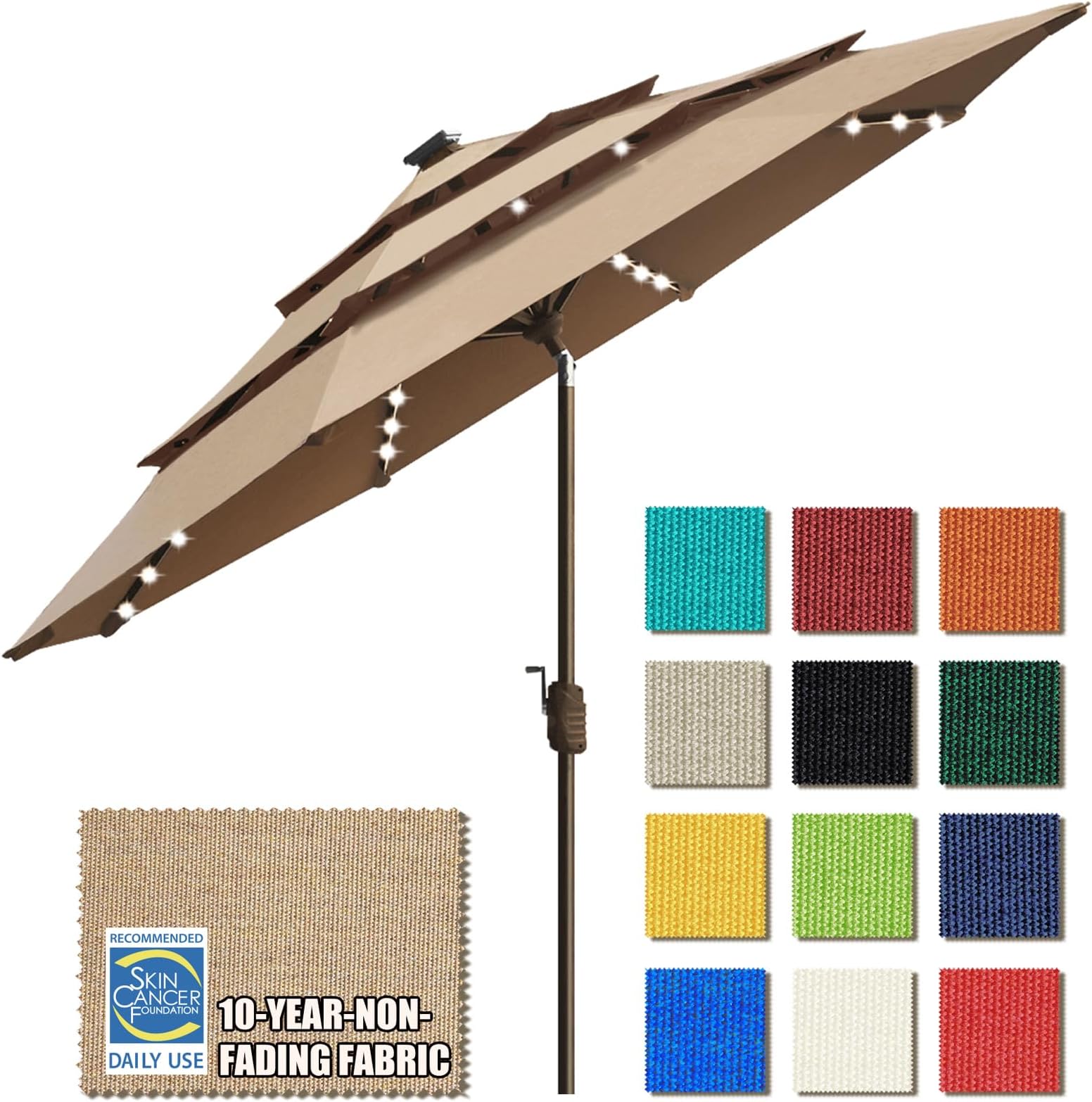EliteShade USA 10-Year-Non-Fading Solar 9ft 3 Tiers Market Umbrella with 80 LED Lights Patio Umbrellas Outdoor Table with Ventilation,Heather Beige