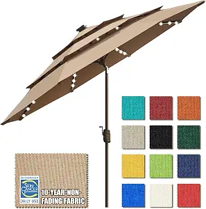 EliteShade USA 10-Year Non-Fading 9ft 3-Tier Market Patio Umbrella with Solar LED Lights, Windproof, UPF 50+ UV Protection