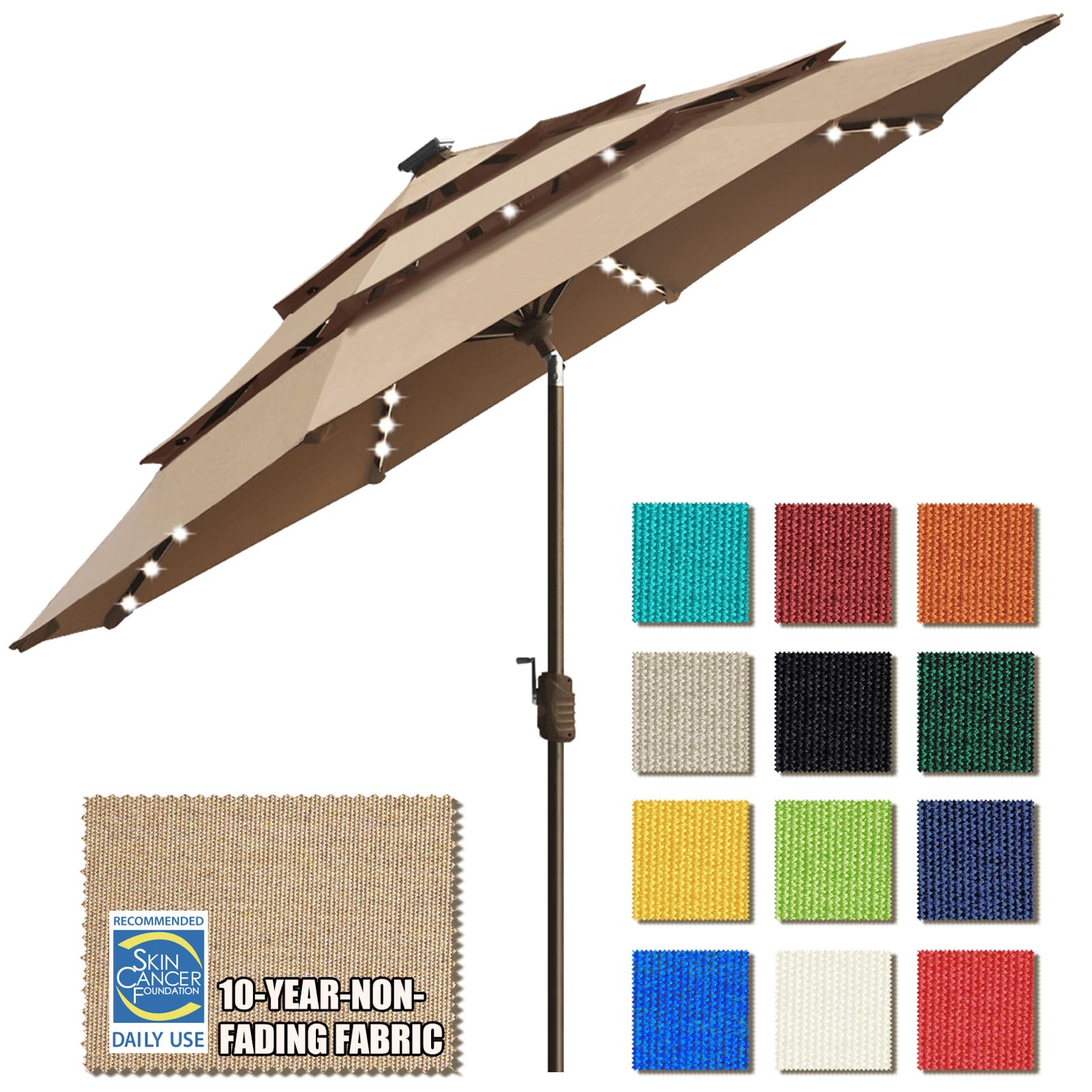 EliteShade USA 10-Year-Non-Fading Solar 9ft 3 Tiers Market Umbrella with 80 LED Lights Patio Umbrellas Outdoor Table with Ventilation,Heather Beige