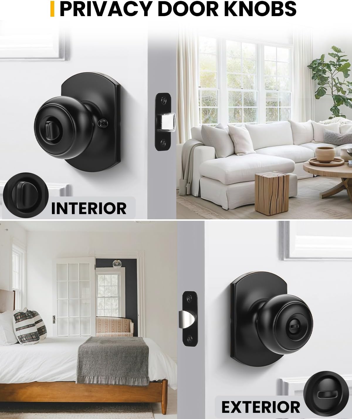 Goldenwarm Matte Black Door Knobs Interior, Bedroom Door Knob with Lock Bathroom, Black Interior Door Knobs 6 Pack