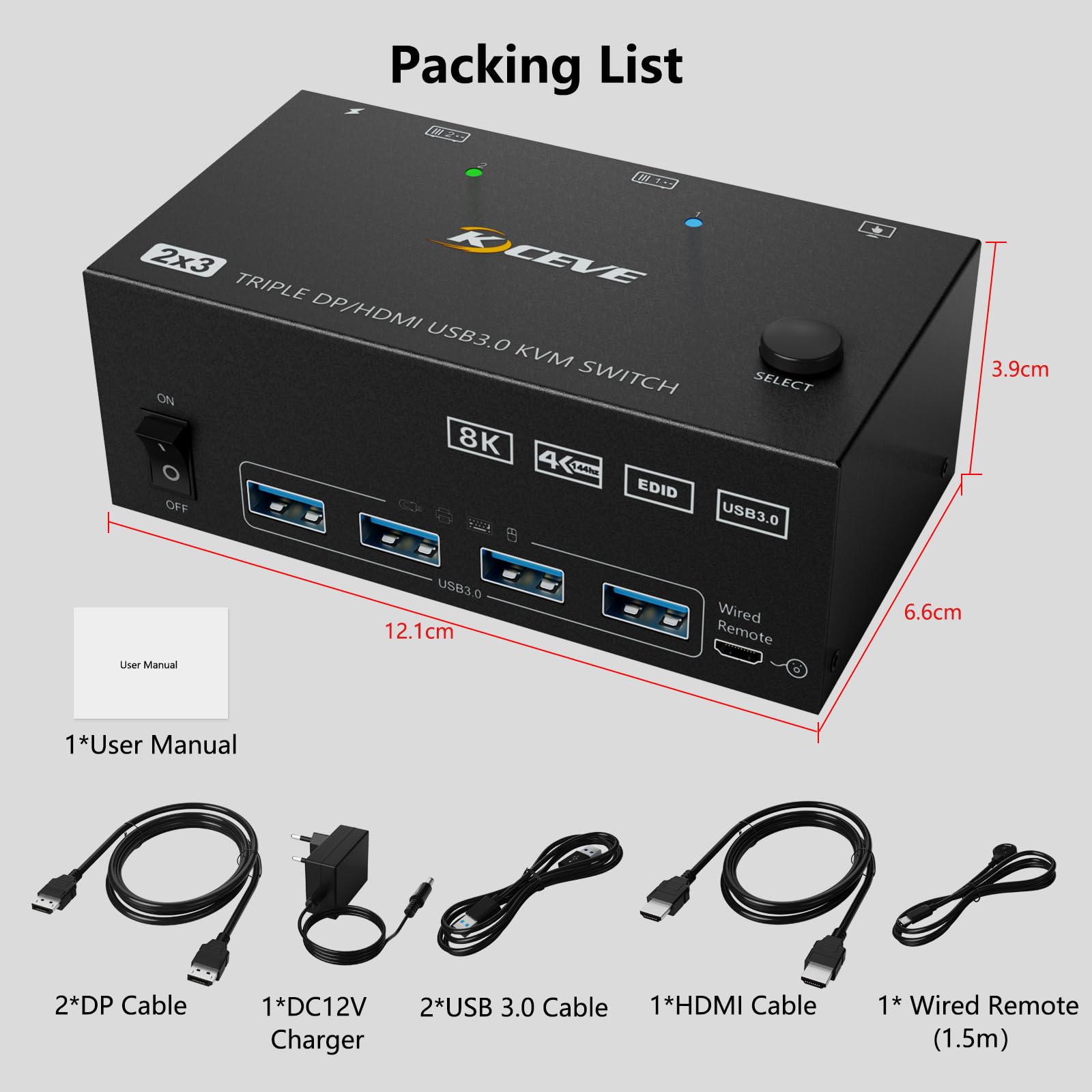 Przełącznik USB 3.0 KVM 2 PC 3 monitory 8K 60 Hz 4K 144 Hz, Triple Monitor KVM Switch 2 Displayport + HDMI do 2 PC części, mysz, klawiatura, z przewodowym pilotem