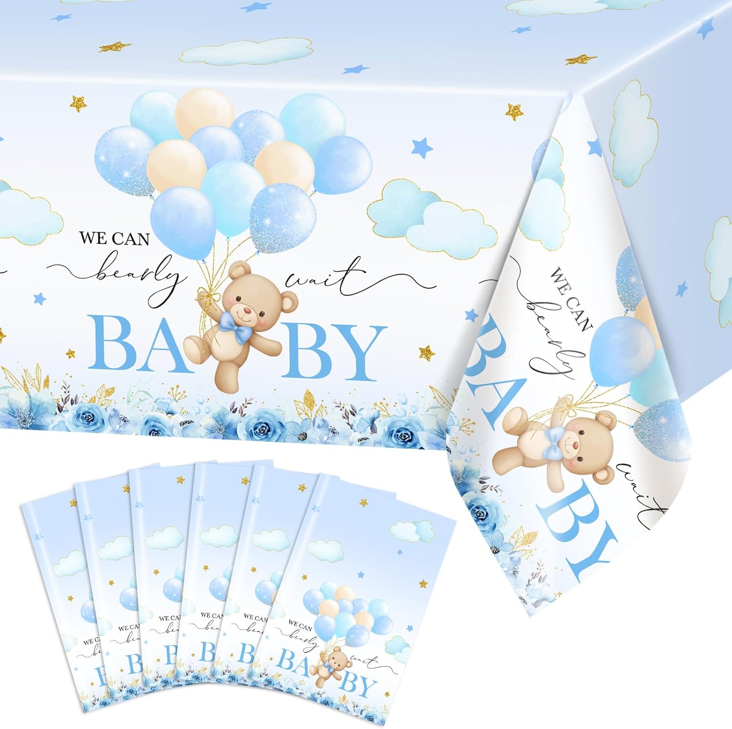 Avezano 6 Pcs Bear Baby Shower Tablecloth We Can Bearly Wait Table Cloths Blue Bear Baby Shower Decorations 108 x 54 Inch