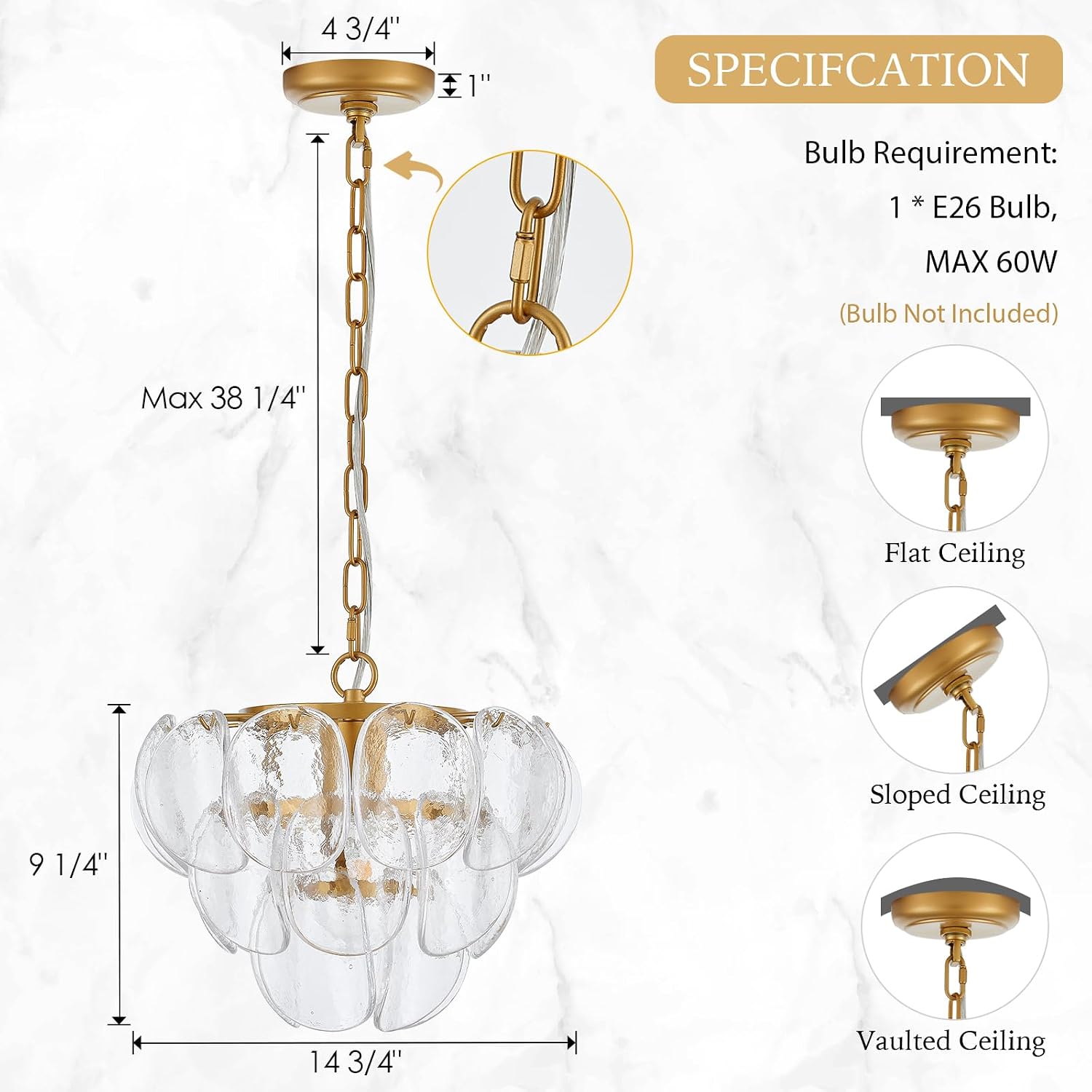 1-Light Modern Glass Pendant Light Gold Finish, Vintage Pendant Chandelier for Entryway, Unique Hanging Light Fixture for Bedroom Kitchen, Dia 14.75"