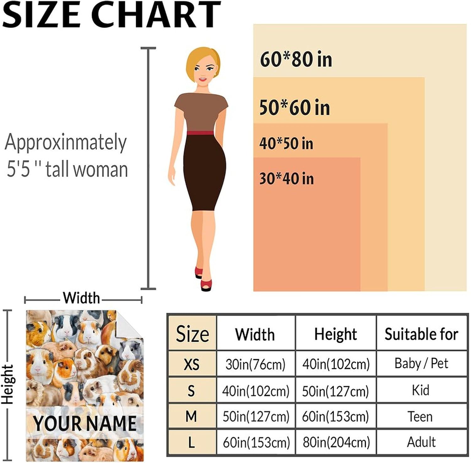 Personalized Guinea Pig Blanket Gifts with Name - 50x60 Inches Cute Throw for Girls & Boys - Brown Soft Fuzzy Blankets for Bed, Couch & Living Room