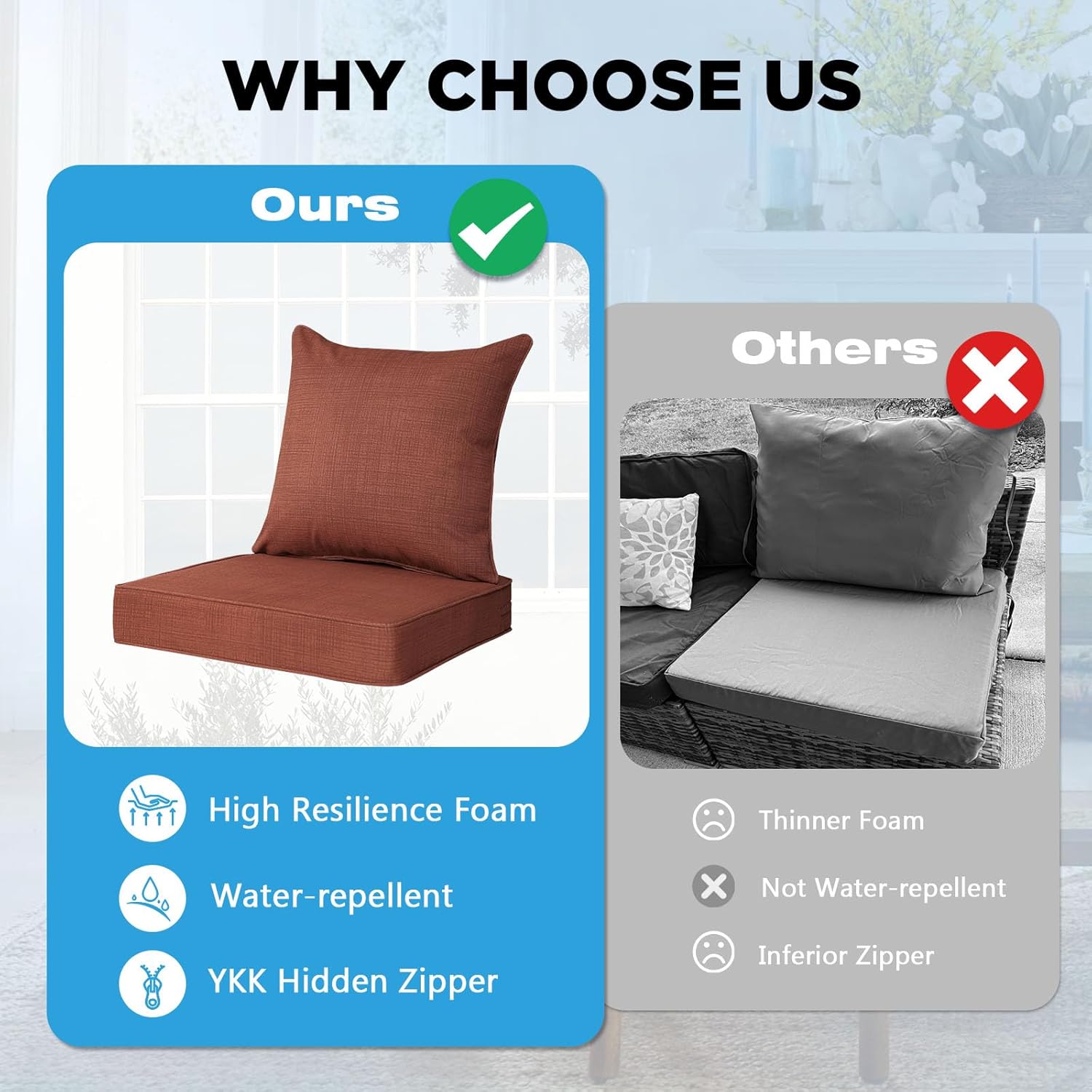 Outdoor Deep Seat & Back Cushion Set (2-Pack), 24 x 24 Inch Water Repellent and Fade Resistant Patio Furniture with Removable Cover for Outside Sofa Couch, Terra Cotta