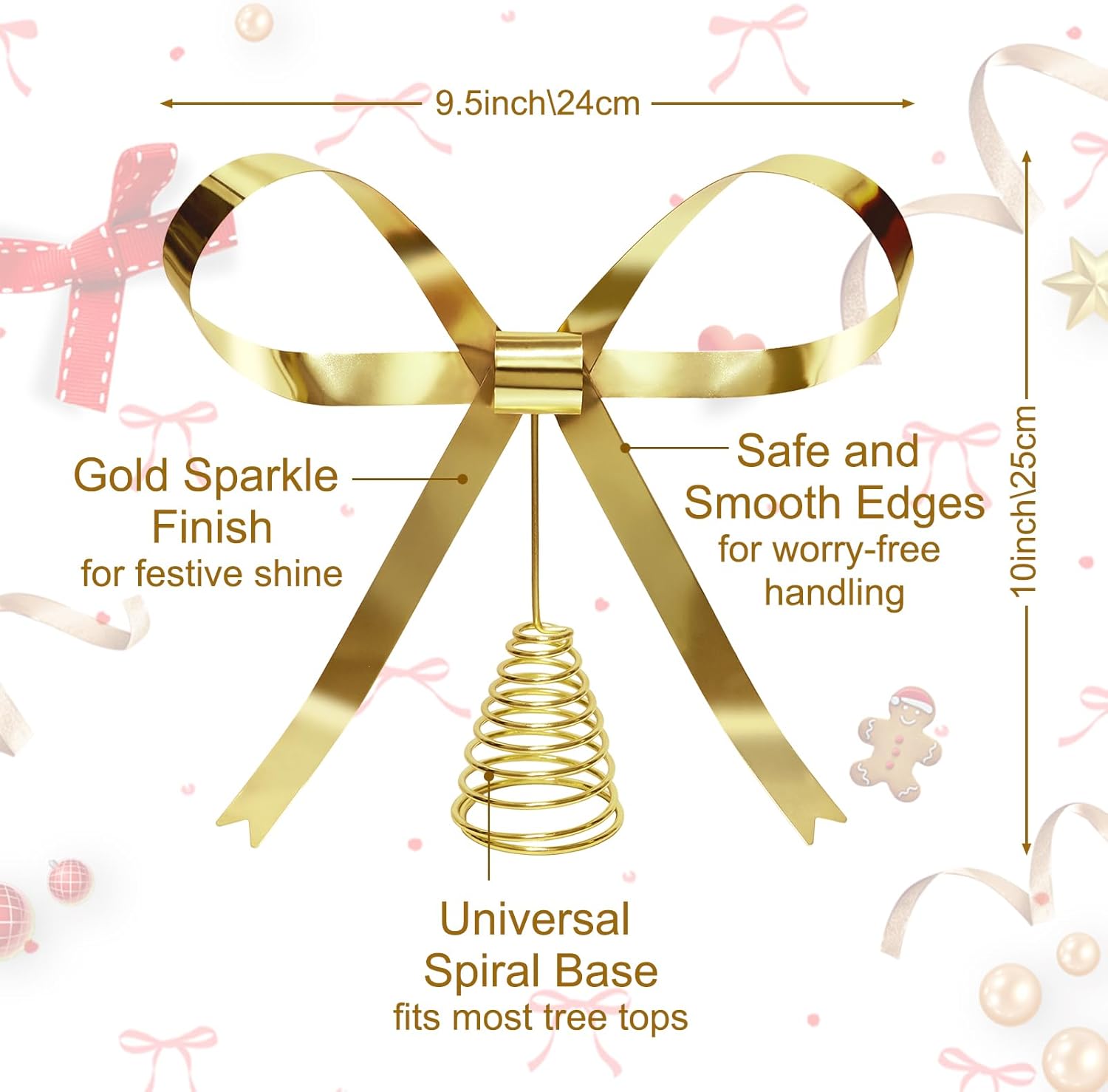 HMASYO Christmas Tree Topper Bow, 10.5 Inch Large Gold Metal Bow Tree Topper with Spiral Base for Holiday Xmas Party Christmas Tree Top Decorations (Gold) - Image 3