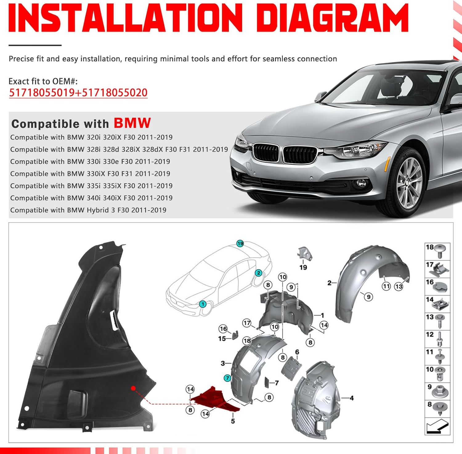 2Pcs Front Splash Shield Inner Fender Liner 51718055019 + 51718055020 Compatible with BMW 320i 328i 330i 335i 340i F30 F31 2011-2019