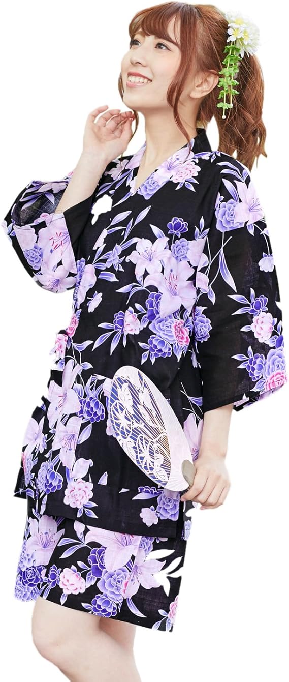Amazon 甚平 レディース 黒地に百合と小薔薇 M L 変わり織り女物甚平上下2点セット 黒 甚平 通販