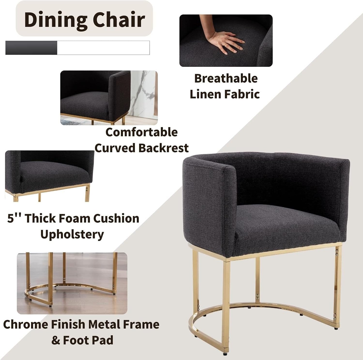 HNY Mid Century Modern Upholstered Barrel Dining Chairs with Arms, Linen Kitchen & Dining Room Chairs, 18.5" Wide Accent Chairs for Dining Room Living Room with Gold Metal Frame, Charcoal