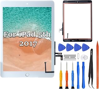 Screen Replacement for iPad 5th Generation 9.7 Inch 2017, Front Touch Glass Digitizer Panel Only No LCD, Pre Installed Home Button, Repair Tool Kit, Models A1822, A1823 White