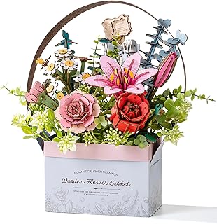 Rowood Wooden Flower Basket, Artifical Flowers Bouquet Building Set Craft Kits for Asults,DIY 3D Wooden Puzzle Botanical Collection,Unique Gift on Wedding/Mother's Day/Valentines Day/Birthday