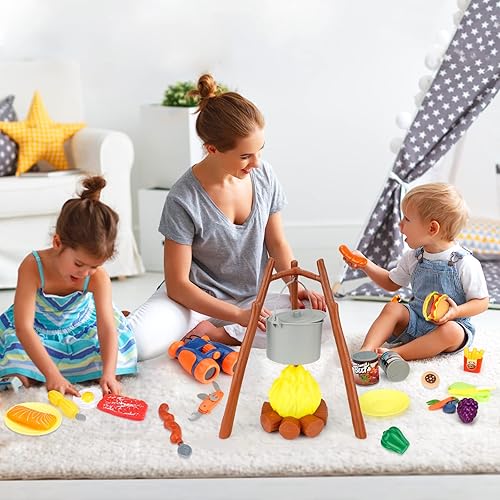 Miniatura 6 de Juego de juguetes de campamento para niños, juego de simulación con fogata, corte de alimentos para jugar, cocina, equipo de campamento para cocina,